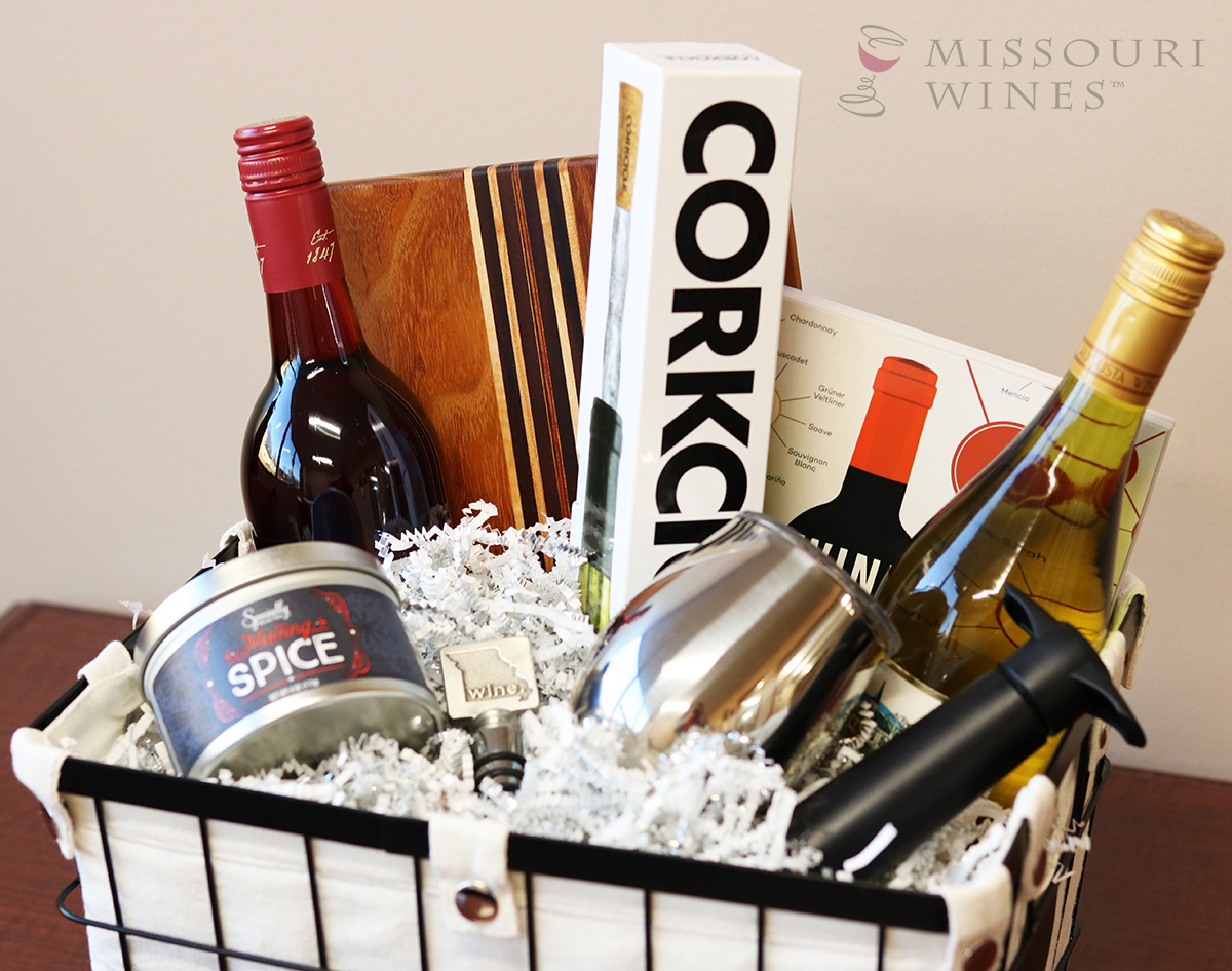 Gift basket full of Missouri wine and accessories