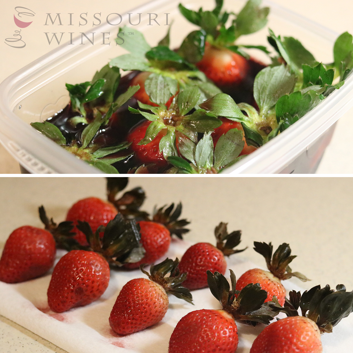 Missouri wine infused chocolate covered strawberries, soak and dry