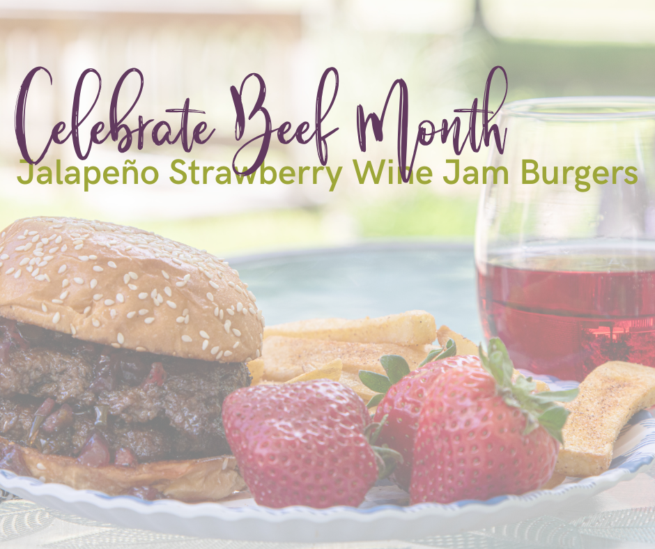 Beef burger with a wine jam glaze on a plate with text overlayed.