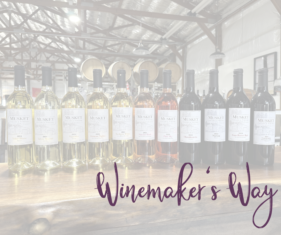 Wine bottles lined up white to red with a overlay of text that reads Winemaker's Way