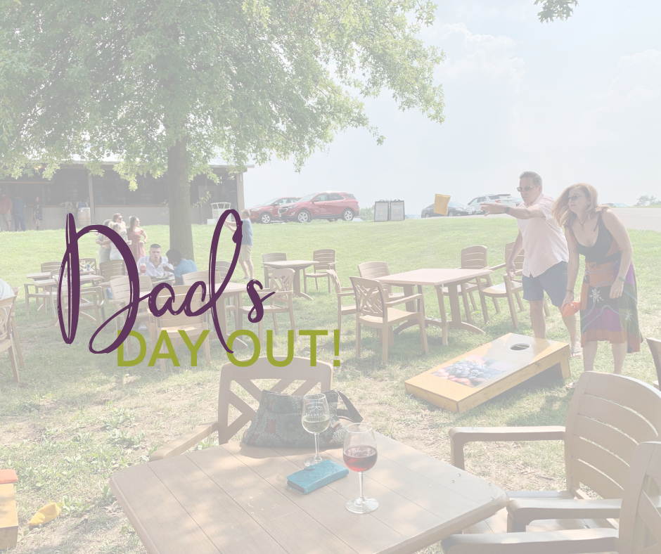 Photo of a family playing cornhole with wine glasses sitting on a picnic table with words on the top reading dad's day out!