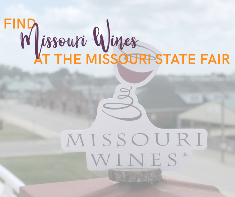 Missouri Wine logo sitting on top of a building with the words find Missouri Wines at the Missouri State Fair