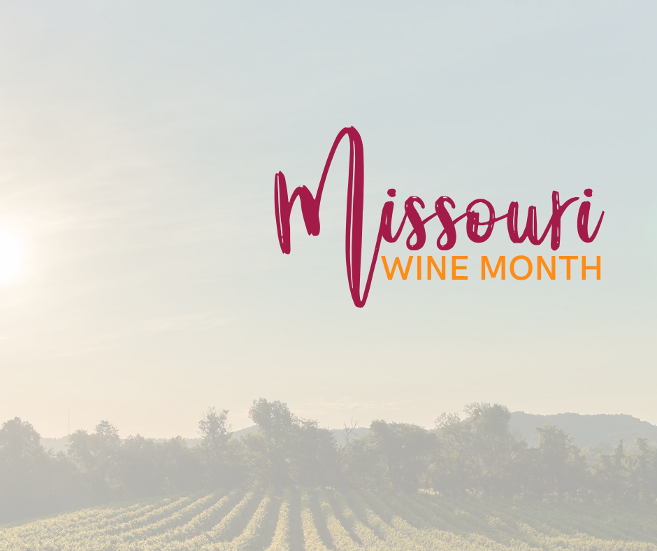 a vineyard with the sky in the photo with words over the top that read missouri wine month