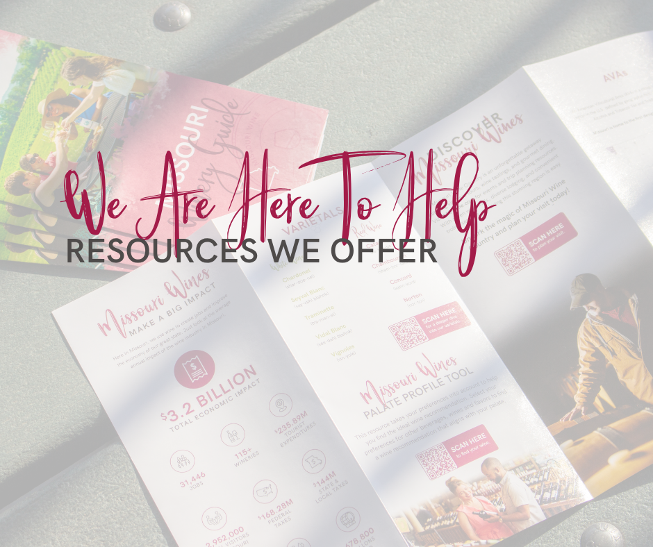 Wine guide on the table with the words we are here to help, resources we offer written on the top