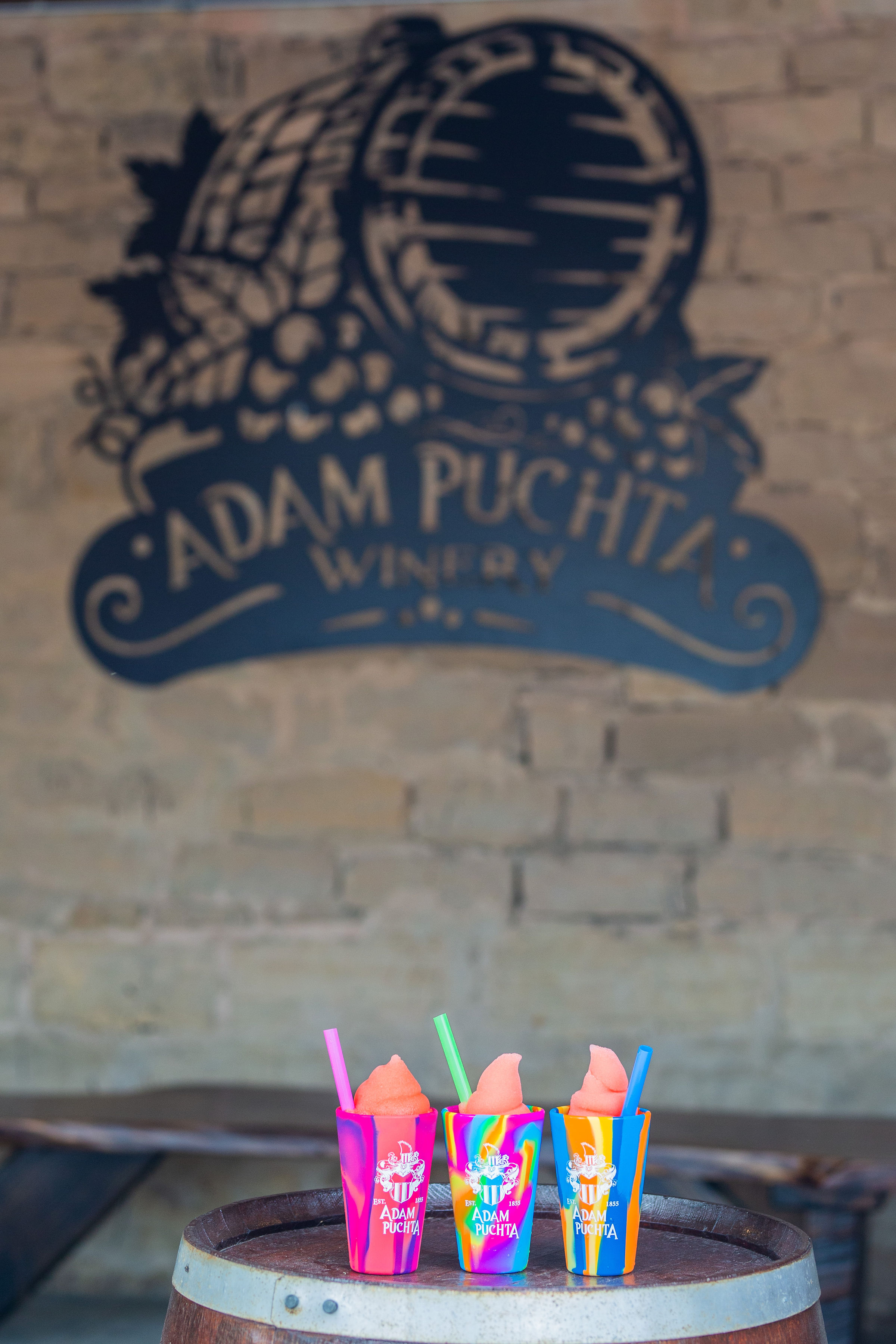 Adam Puchta Winery- Three red icees in rainbow cups in from of the winery's sign.