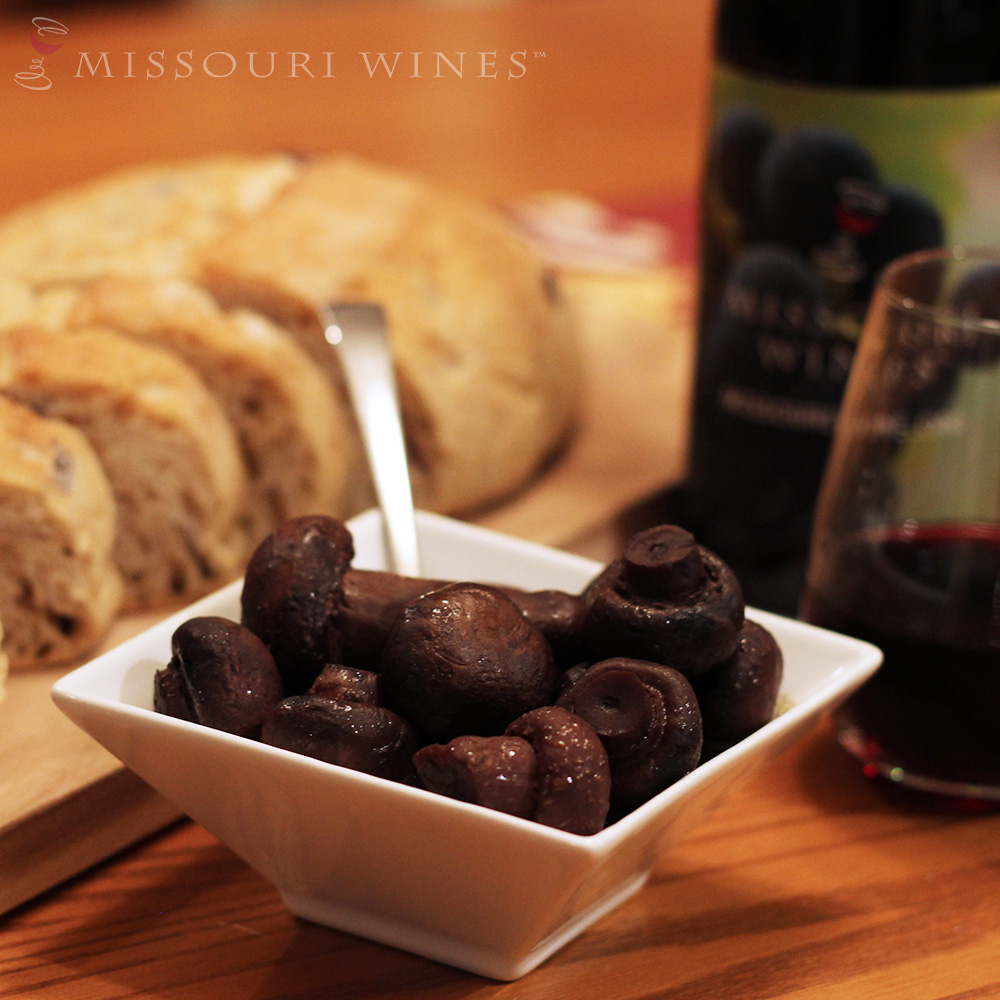 Slow-cooker Chambourcin Mushrooms served with wine and bread