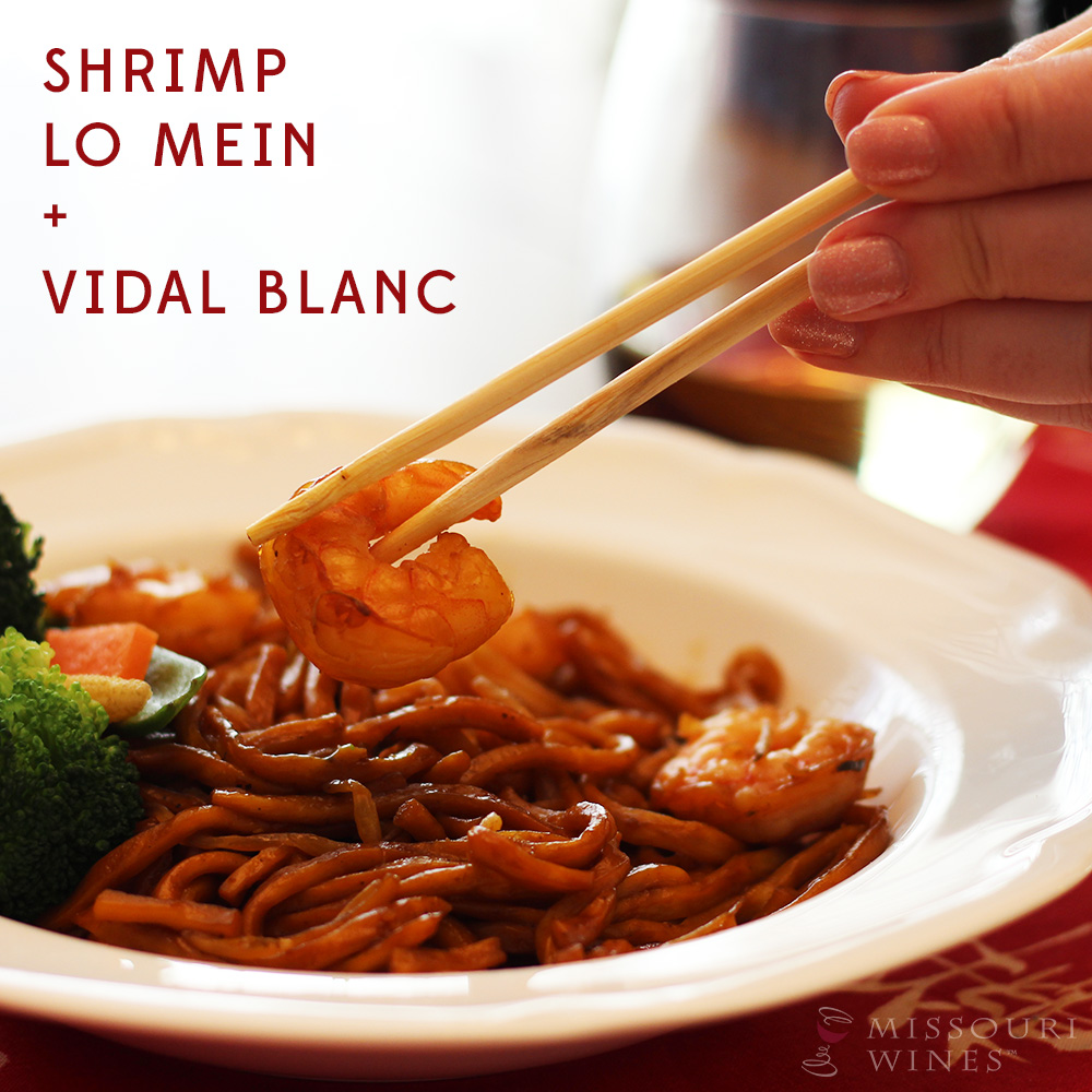 Pairing MO Wine and Chinese Food: Shrimp Lo Mein + Vidal Blanc