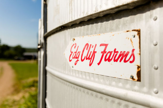 Edg-Clif Farms & Vineyard - outdoor photo, daytime, of the winery's logo on a sign attached to a large metal object.