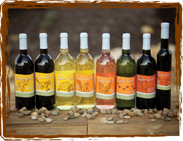 Jowler Creek Vineyard & Winery- Outdoor line of wine bottles.