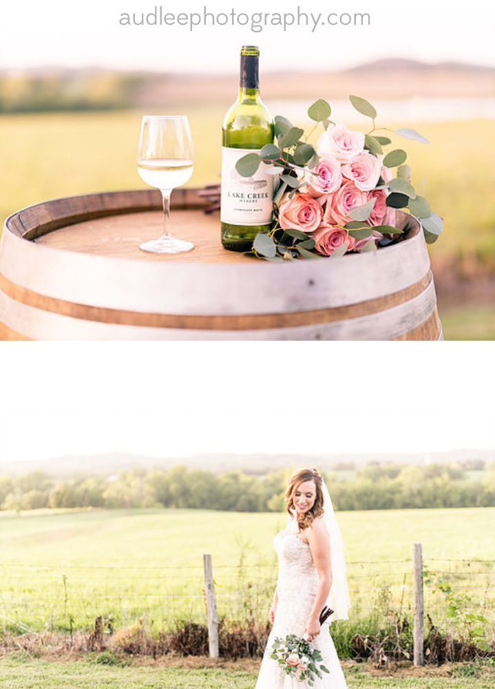 Lake Creek Winery - outdoor photo complilation, daytime. The top image is of a bottle of wine and a wine glass with a floral arrangement on a barrel. The bottom image is a bride in a wedding dress in a vineyard.