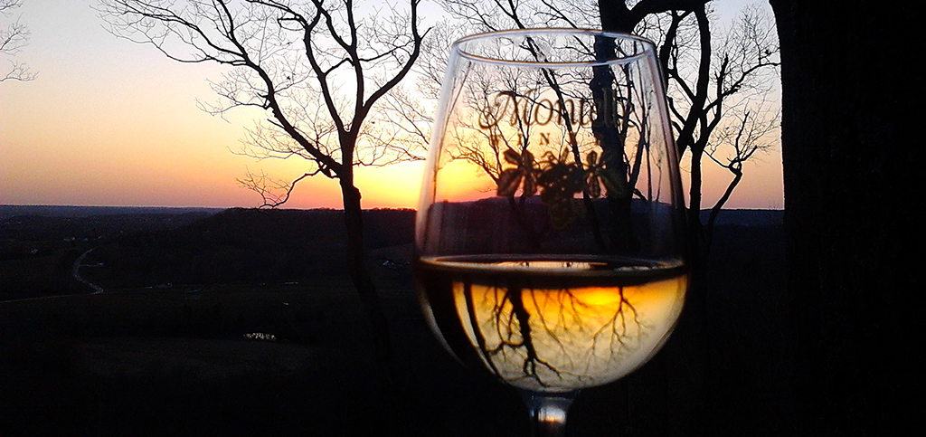 Montelle Winery- A glass of white wine raised in front of a late evening sunset with silhouettes of trees.