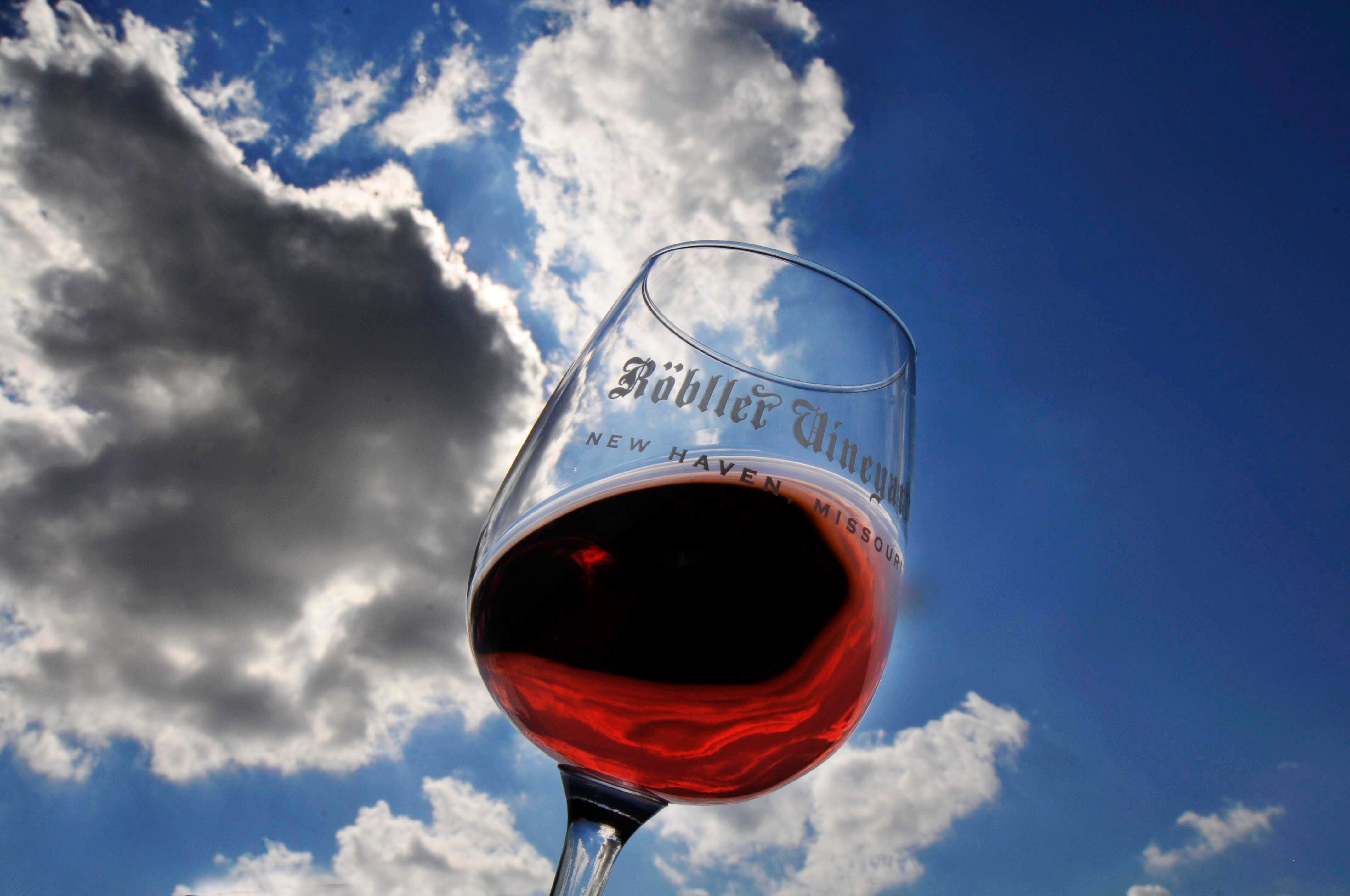 Röbller Vineyard and Winery- A glass of red wine held up to the sky.