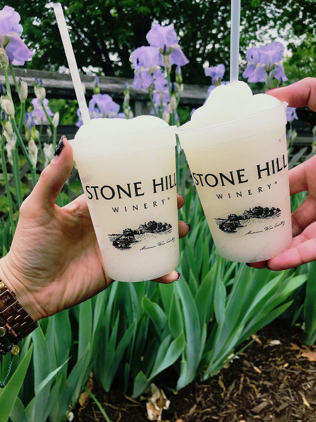 Stone Hill Winery - outdoor photo, daytime, of two small cups of wine slushy held in front of landscaping.