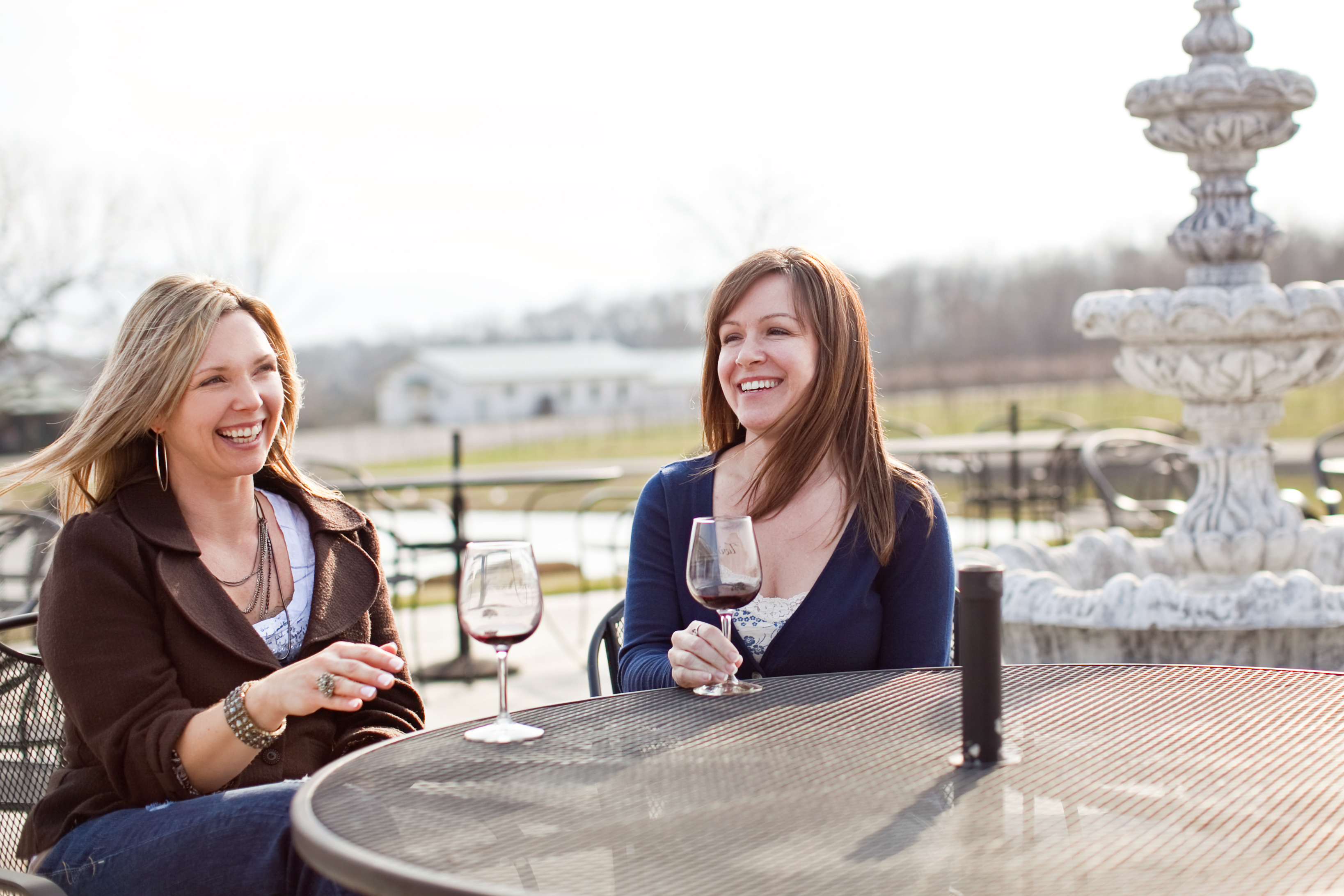 Twin Oaks Vineyard and Winery - outdoor photo, daytime, of two women sitting at a patio table drinking wine and smiling.