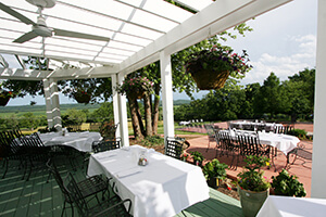 Defiance Ridge Vineyards - outdoor photo, daytime, of a patio area with covered gazebo, a ceiling fan, and various table settings with chairs.