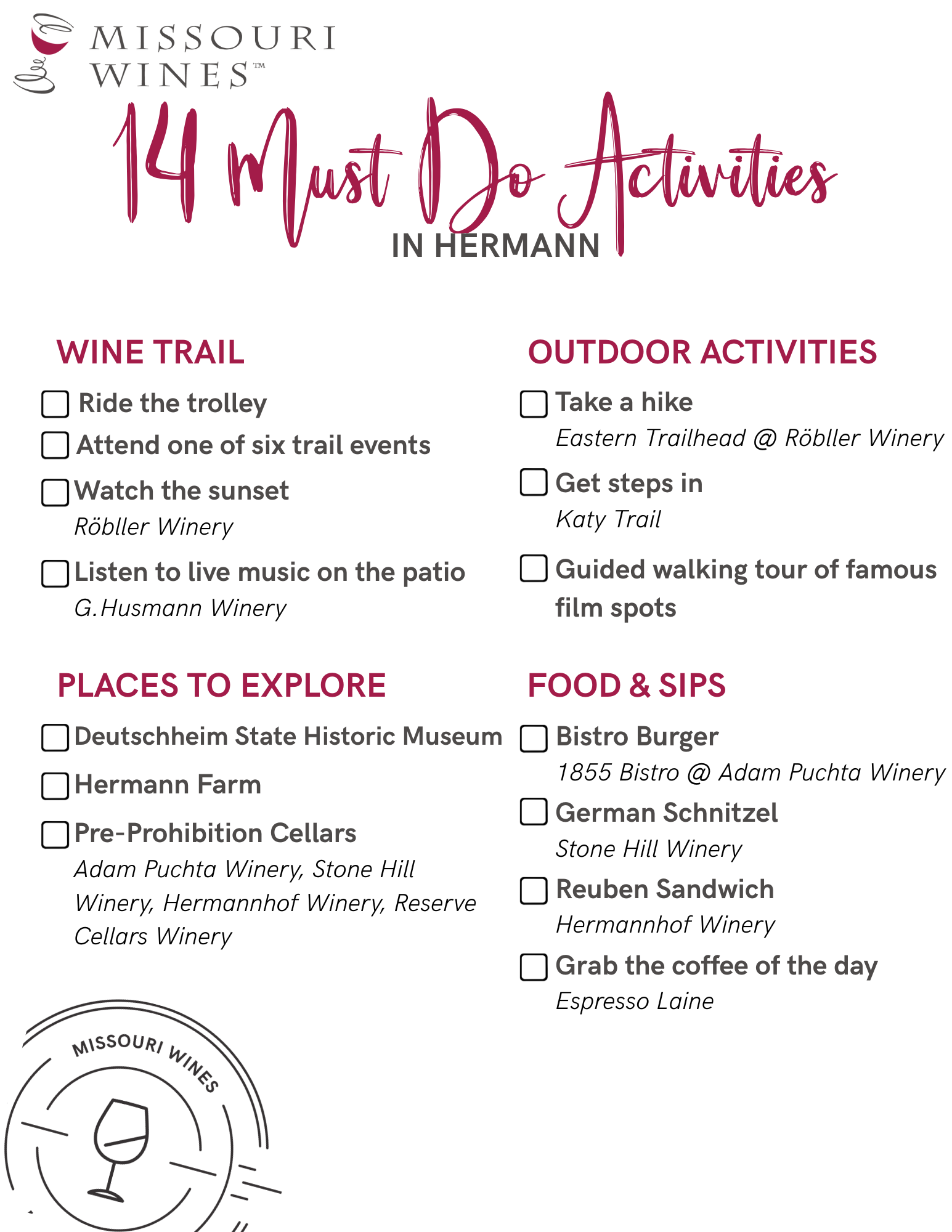 Check list of things to do in Hermann