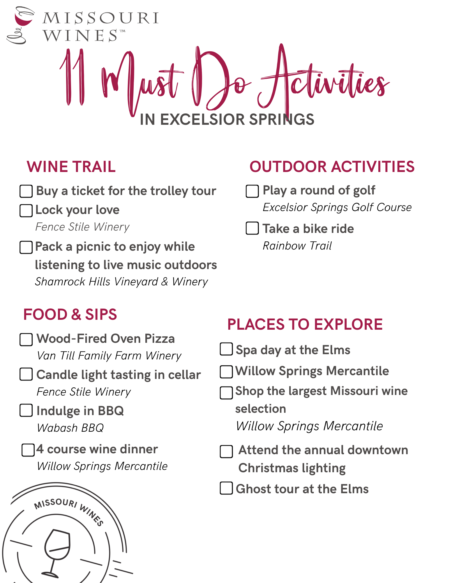 Check list of things to do in Excelsior Springs