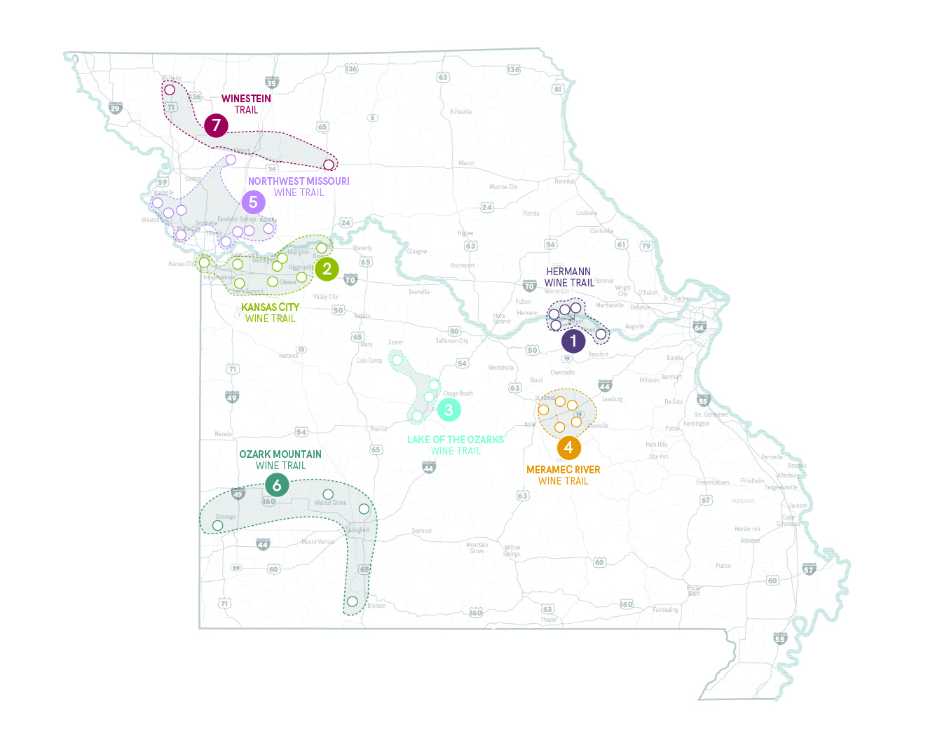 State of Missouri map with the wine trails highlighted around the state
