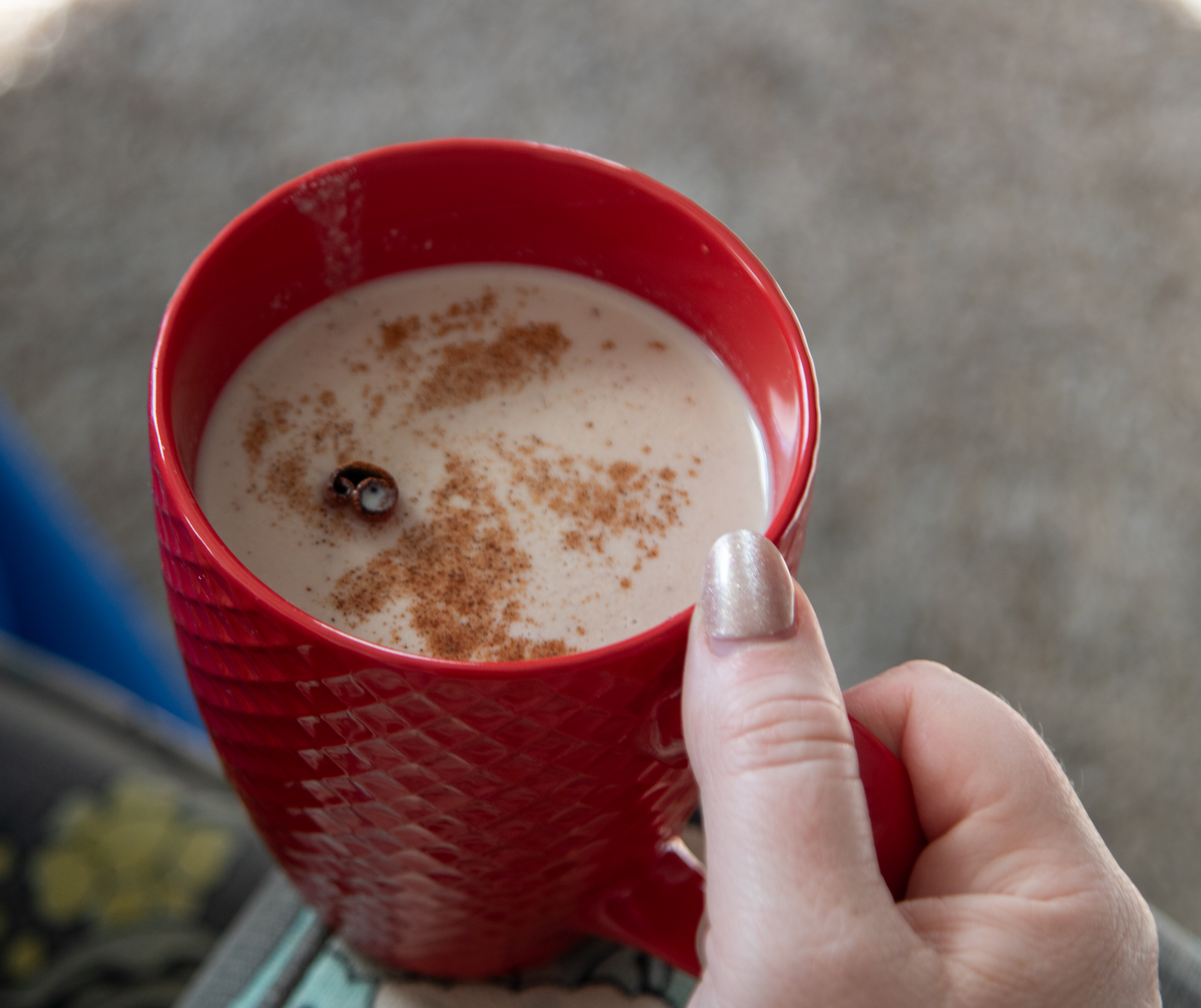Finished wine-nog in mug.