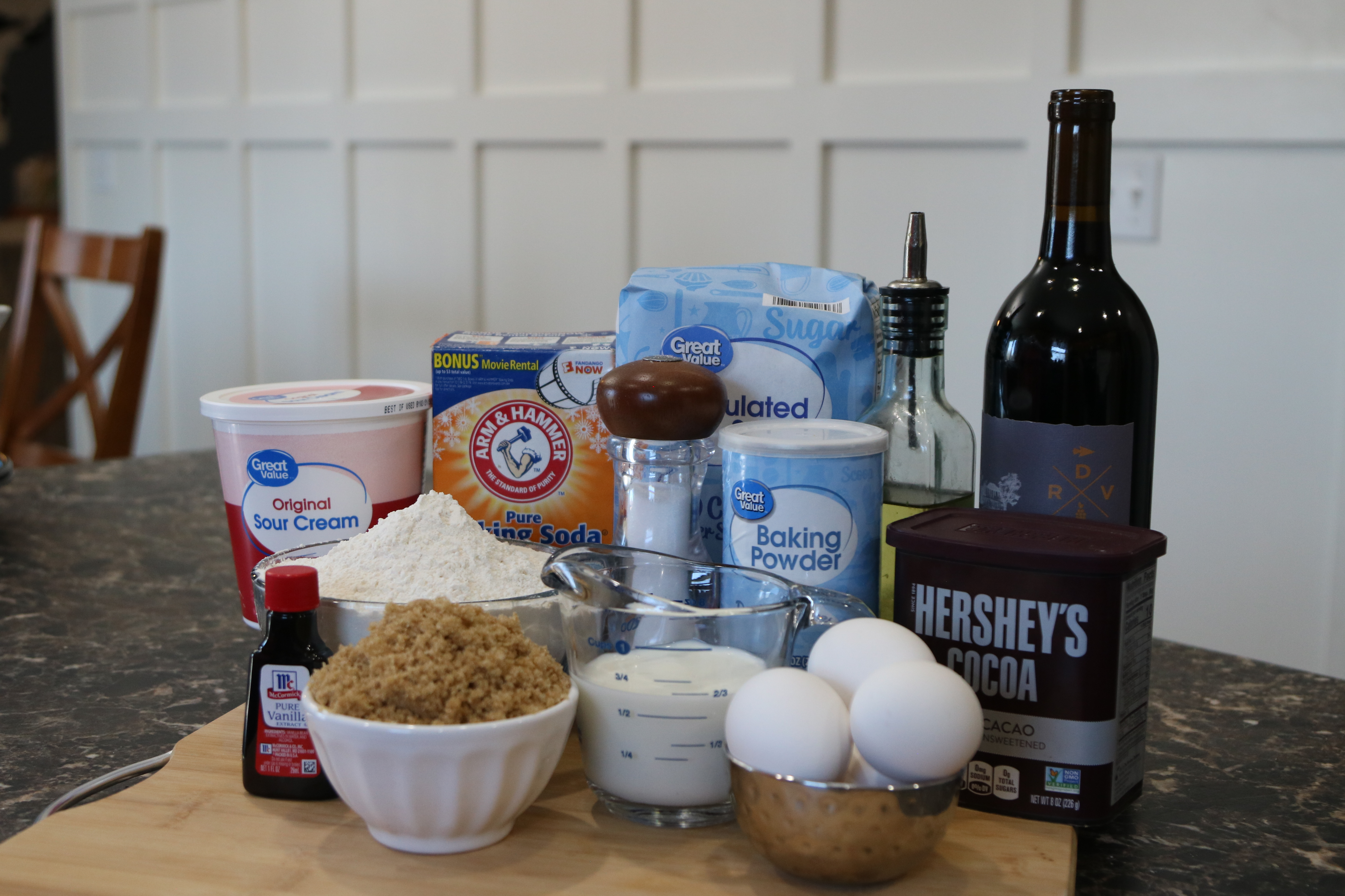 Chocolate cake ingredients sitting on the counter top