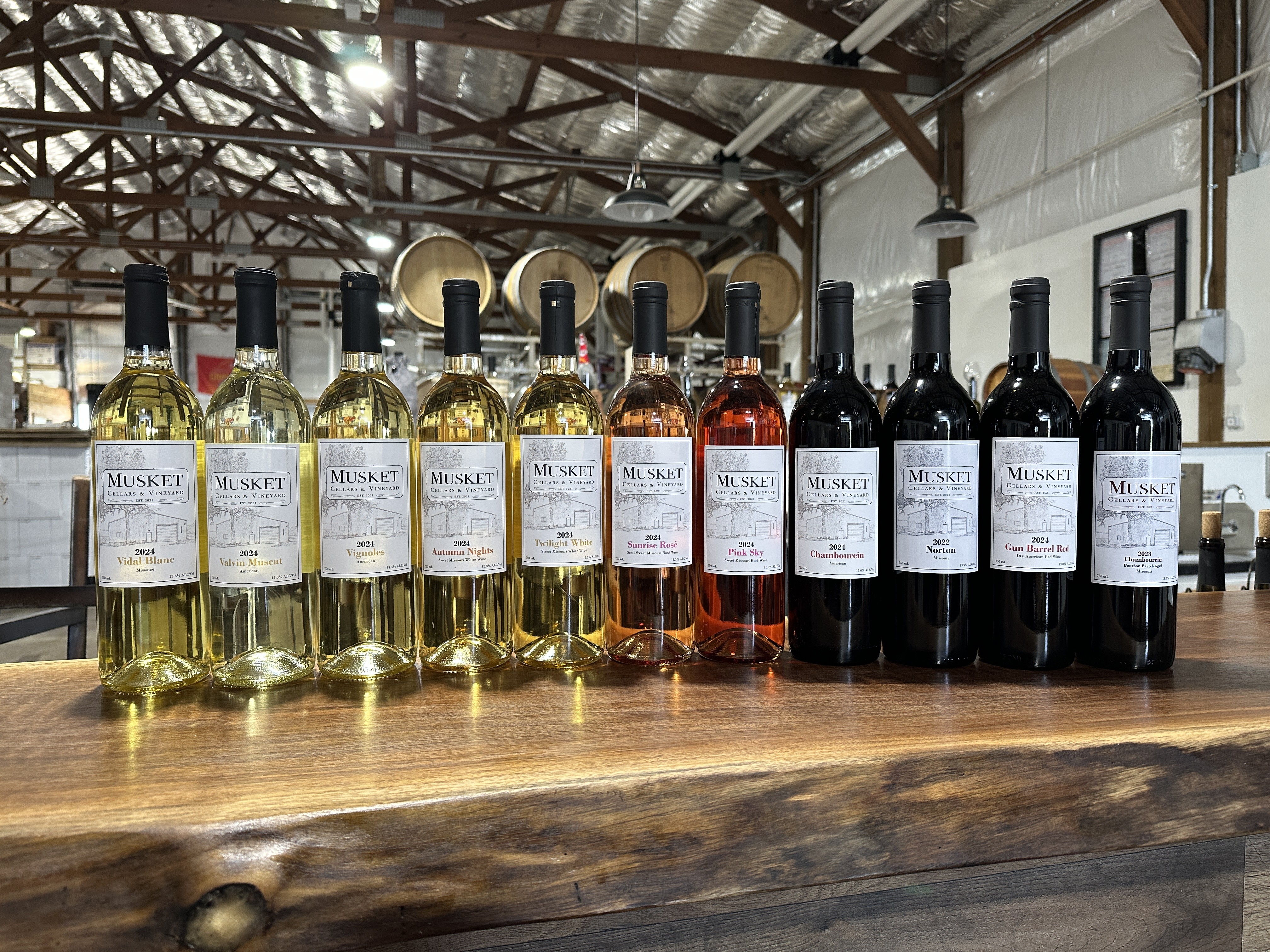 Wine bottles lined up white to red