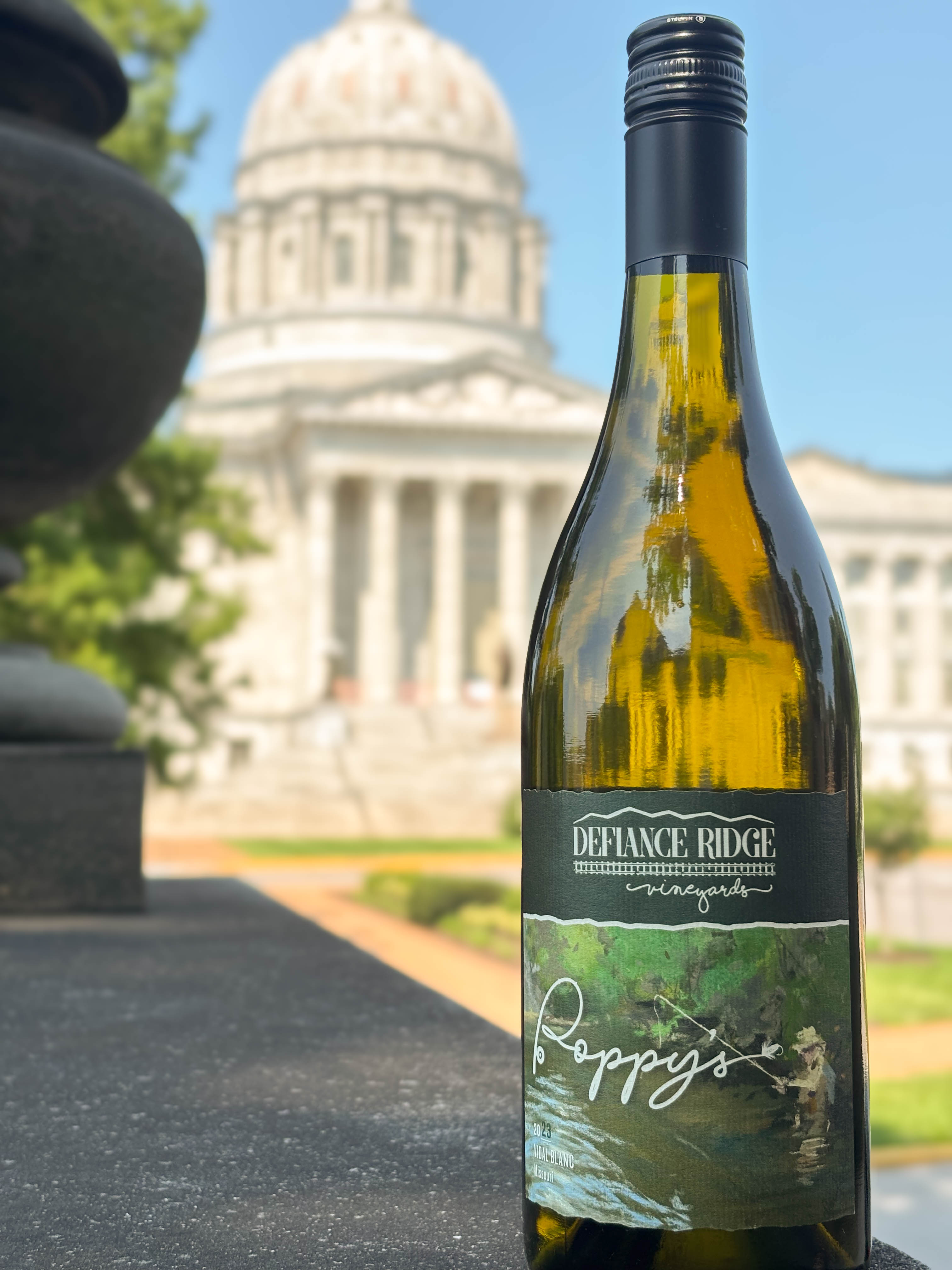 Wine bottle sitting on ledge in front of capital