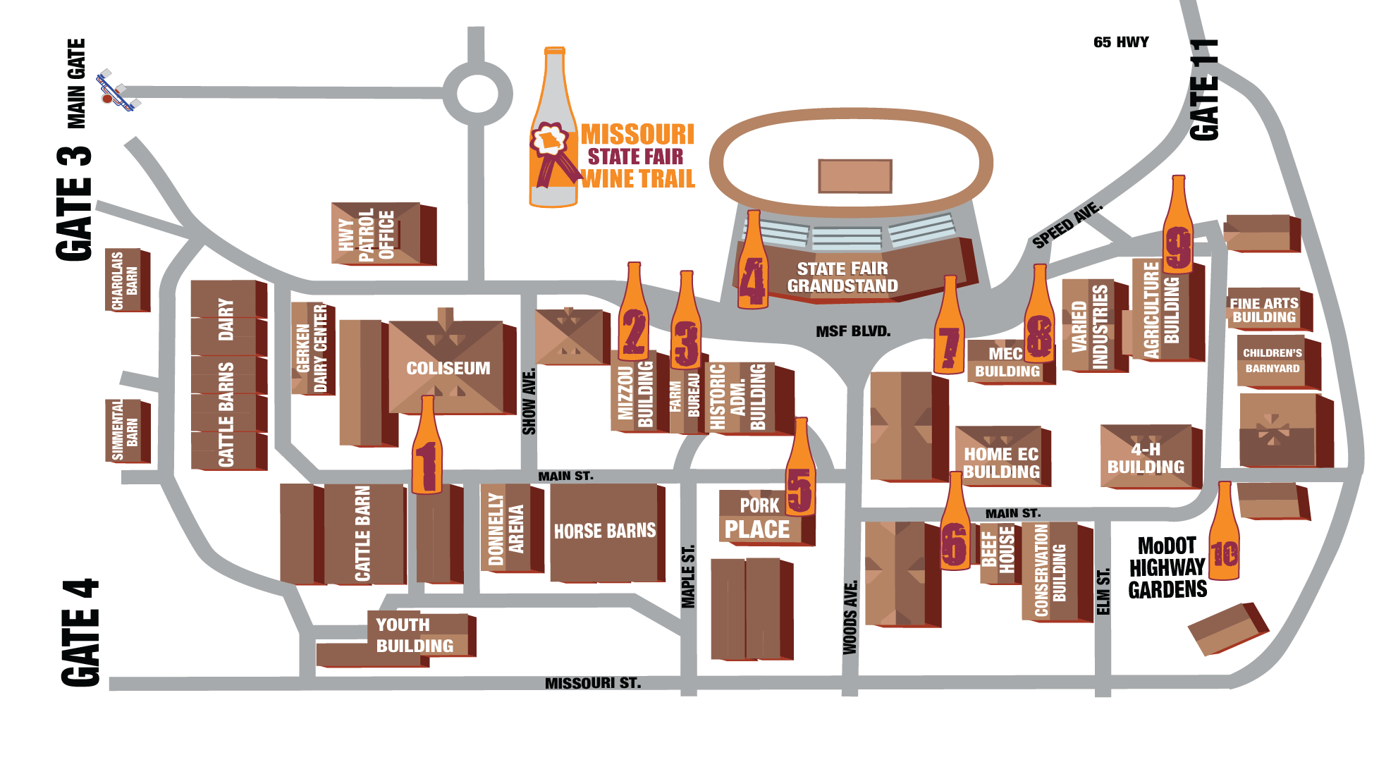 A map of the Missouri State Fairgrounds with the Wine Trail locations marked by wine bottles