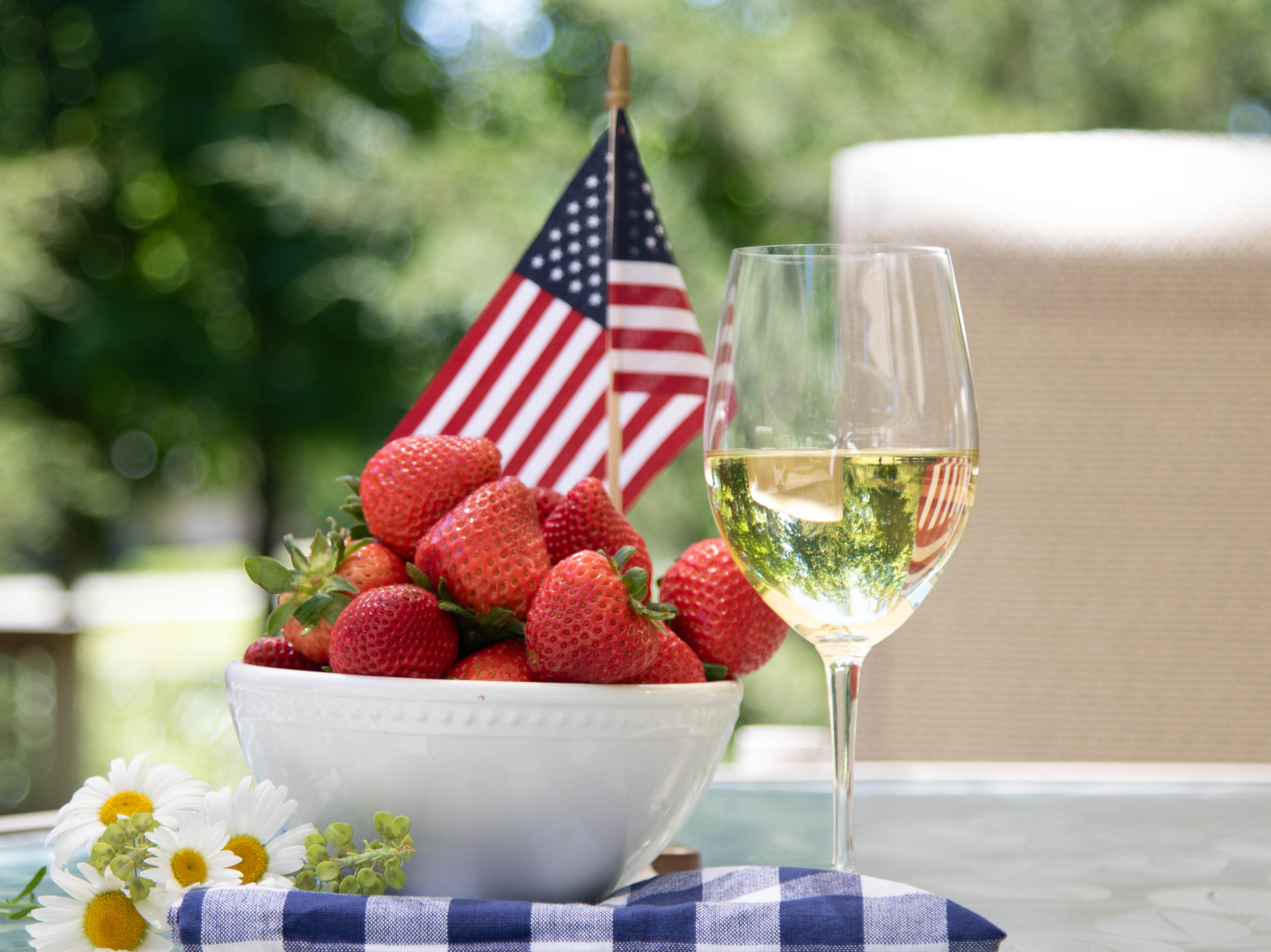 strawberries, wine and flag