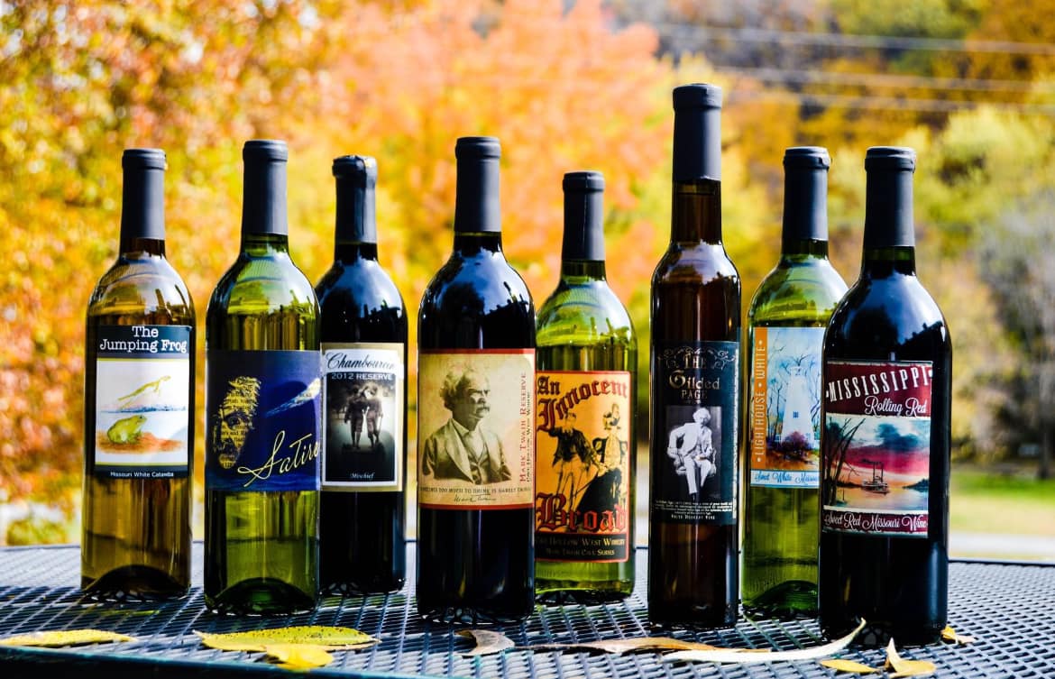 Wines lined up with fall trees in the background