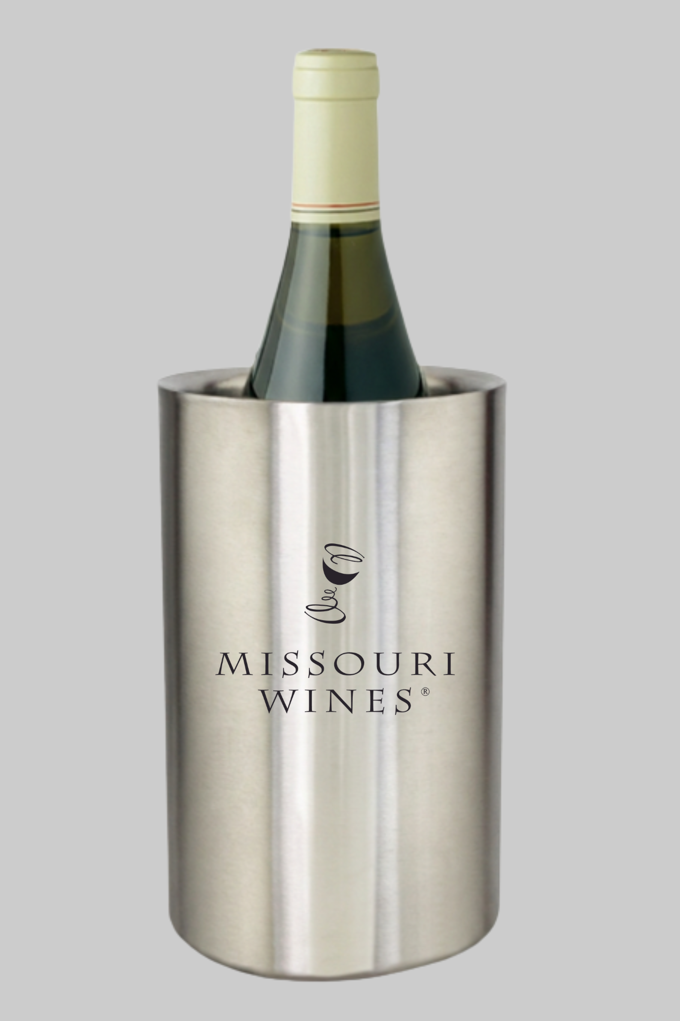 a bottle of wine in a wine chiller that has the missouri wine logo on the top of it