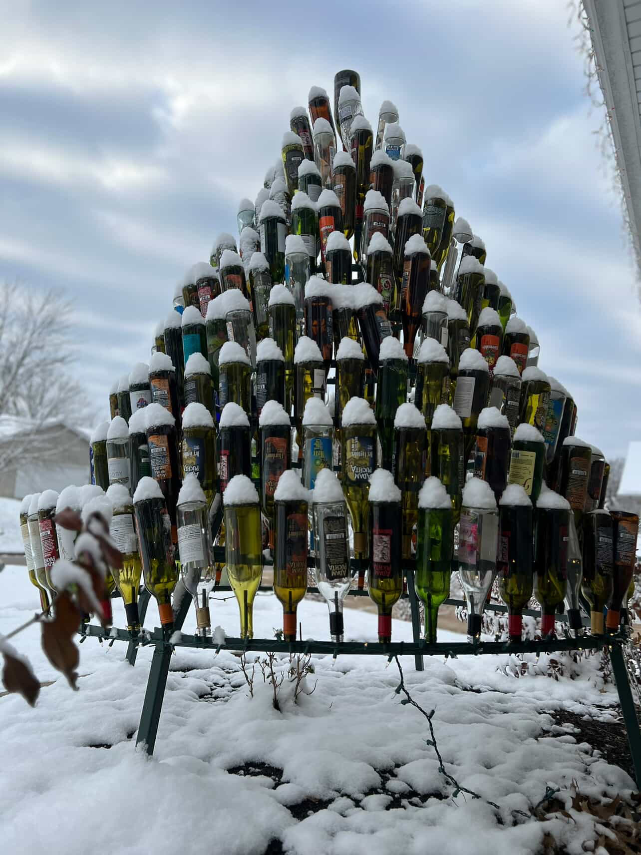 Christmas tress made out of empty wine bottles outside with snow on them!