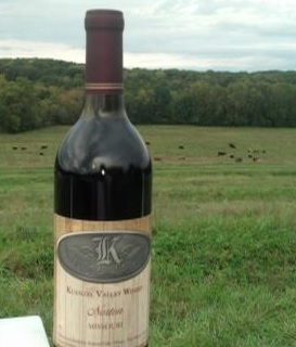 Kuenzel Valley Winery - outdoor photo, daytime, of a wine bottle with a pasture and trees in the far background.