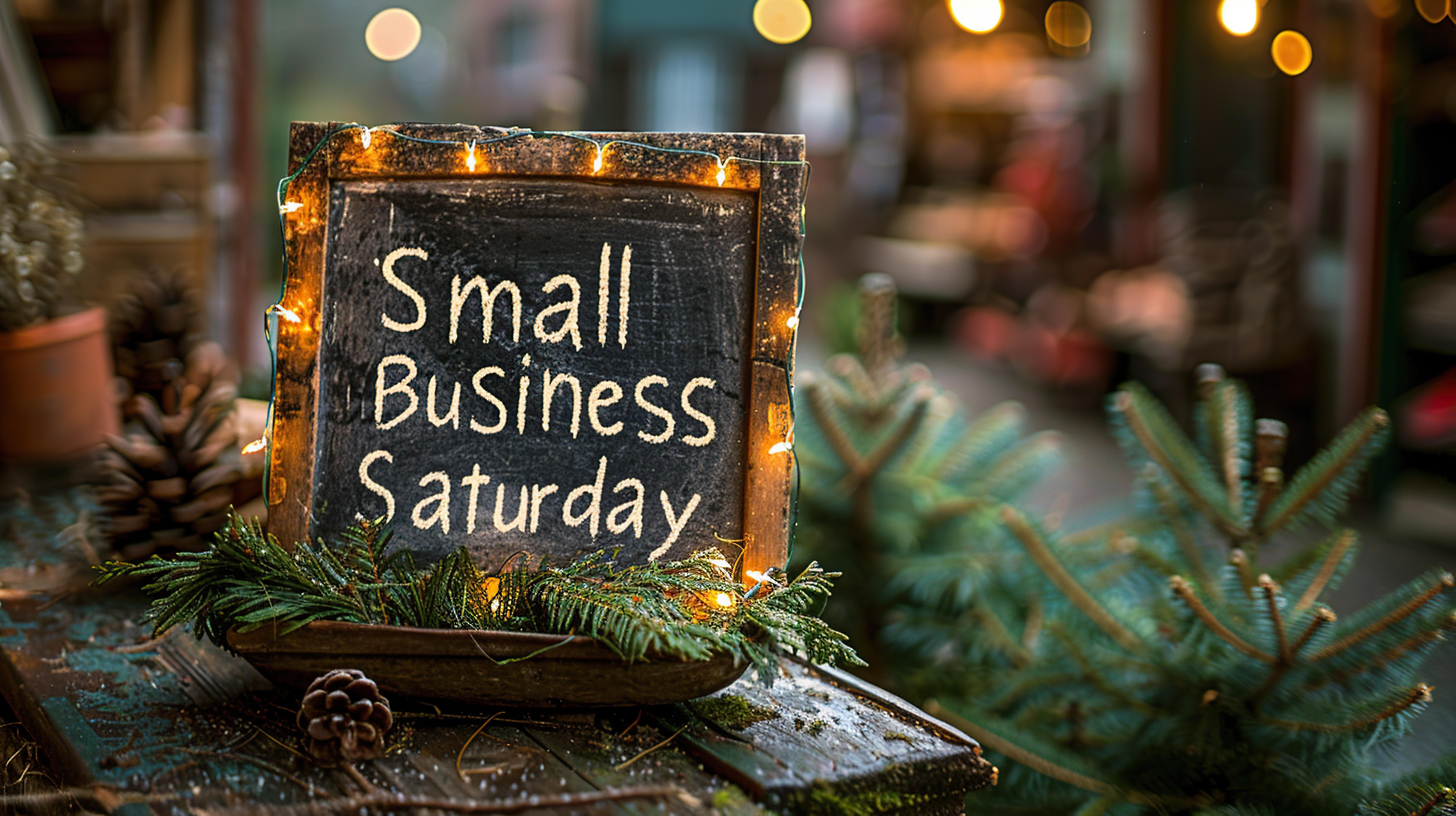 Small chalk board sign sitting on a table with Christmas decor in the background