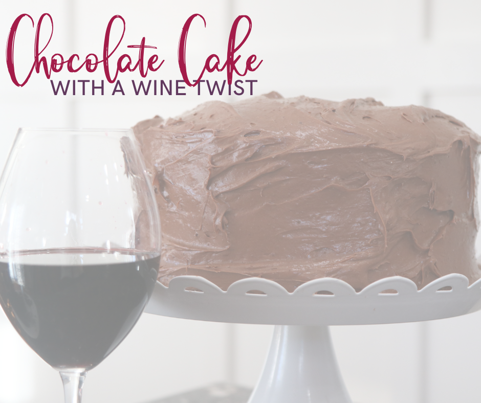 Glass of red wine with chocolate cake overlayed with text 