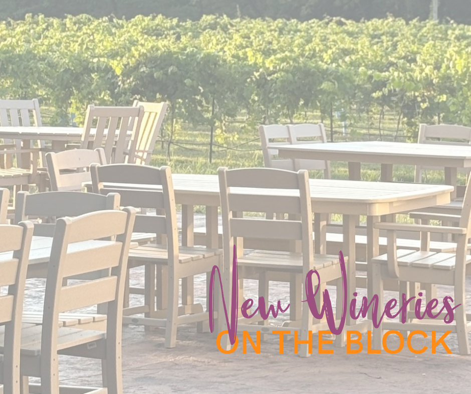 Tables and chairs with a vineyard in the background with text overlayed.
