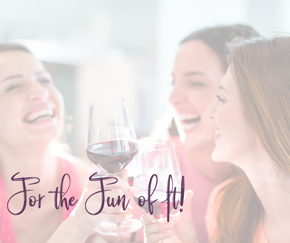 3 girls laughing with wine in hand and text over laid. 