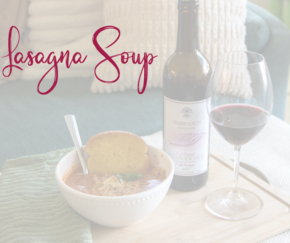 Bowl of lasagna soup with a glass and bottle of wine on the tray too.