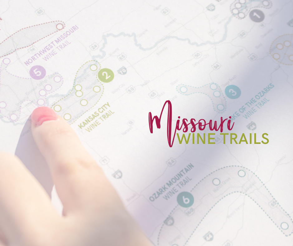 A finger pointing to a wine trail on the map with text over the top reading Missouri Wine Trials