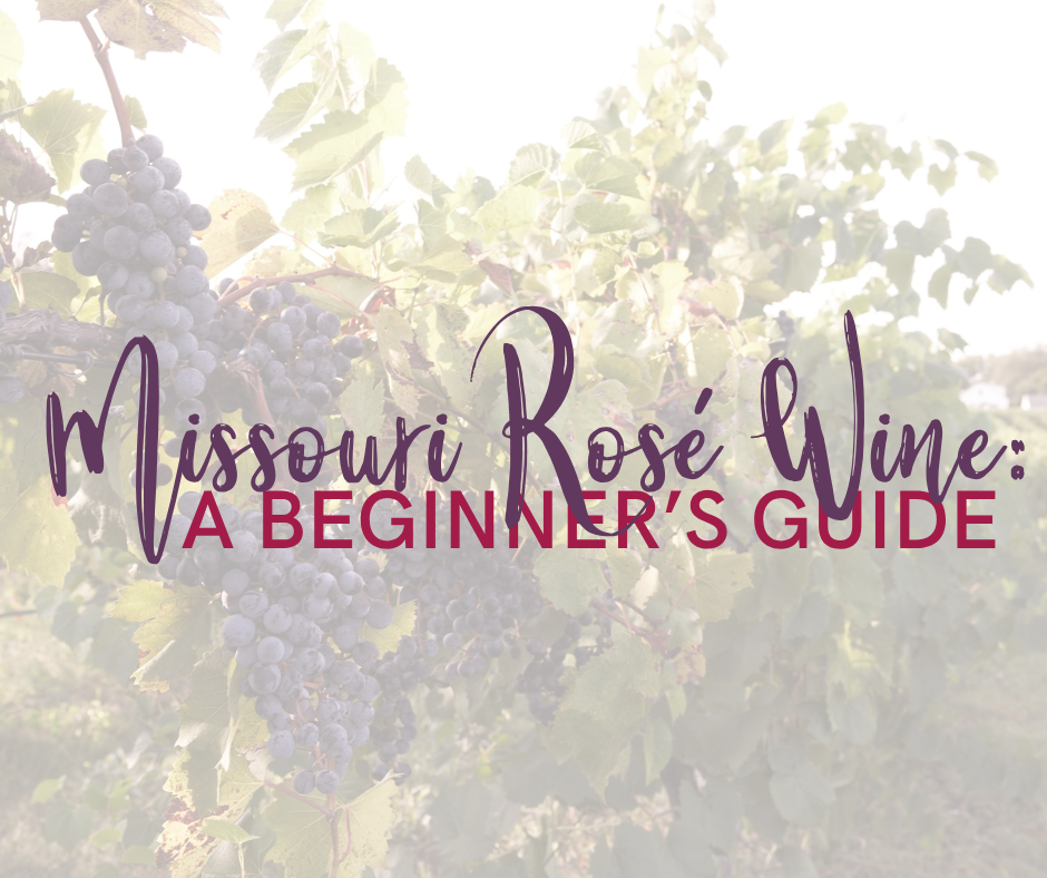Red grapes on the vine with words over the top reading missouri rosé wine: a beginner's guide
